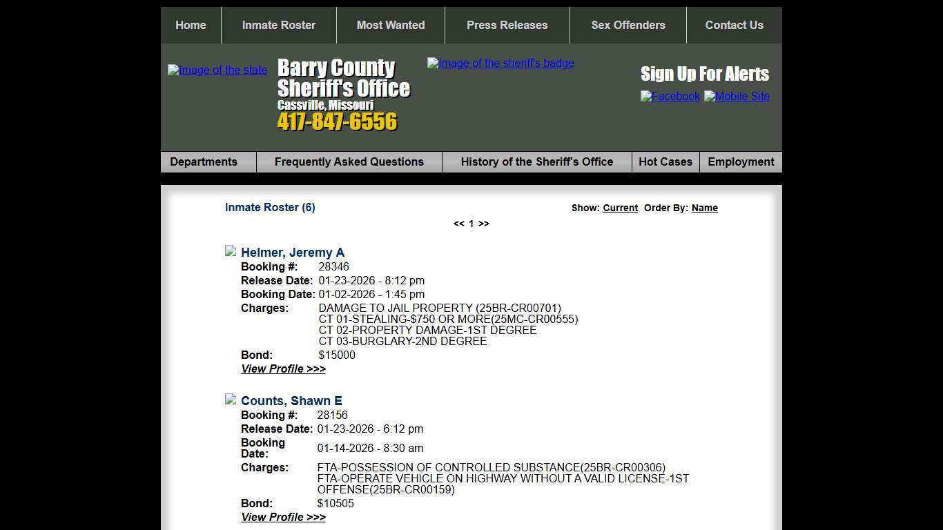 Inmate Roster - Released Inmates Booking Date Descending - Barry County Sheriff MO